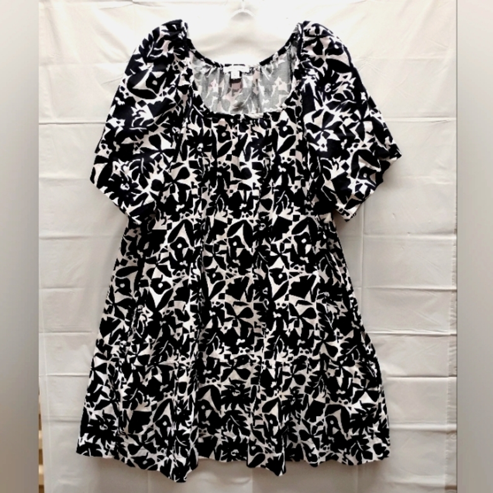 Free Assembly Floral Print Pocket Trapeze Swing Dress Black White Sz L